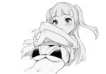  1girl bangs blush bra breasts cleavage closed_mouth crossed_arms greyscale highres large_breasts long_hair looking_at_viewer minazuki_tooru monochrome navel shirt_lift solo tokyo_7th_sisters two_side_up uesugi_u_kyouko under_boob underwear white_background 