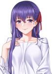  1girl absurdres bangs blush breasts closed_mouth collarbone commentary_request eyebrows_visible_through_hair fate/stay_night fate_(series) hair_between_eyes hair_ribbon hand_on_own_chest hand_up heaven&#039;s_feel highres large_breasts long_hair long_sleeves looking_at_viewer matou_sakura purple_hair red_ribbon ribbon shirt simple_background smile solo upper_body violet_eyes white_background white_shirt zui_ai_shuang_mawei 