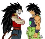 2boys armor black_hair bracelet broly broly_(dragon_ball_super) capelet character_request crossed_arms cunber dark_skin dragon_ball dragon_ball_heroes dragon_ball_super dragon_ball_super_broly highres jewelry long_hair male_focus mouth_guard multiple_boys muscle necklace paan013 pale_skin red_eyes scar short_hair spiky_hair tail very_long_hair white_background wristband yellow_eyes 