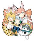  ;d animal_ears belt blonde_hair blue_eyes blue_vest blush bow bowtie caracal_(kemono_friends) caracal_ears caracal_tail elbow_gloves extra_ears eyebrows_visible_through_hair gloves green_hair hat_feather high-waist_skirt holding impossible_clothes impossible_shirt japari_symbol kemono_friends kemono_friends_2 kyururu_(kemono_friends) looking_at_viewer naitou_ryuu official_art one_eye_closed open_mouth print_gloves print_neckwear print_skirt serval_(kemono_friends) serval_ears serval_print serval_tail shirt sidelocks sketchbook skirt sleeveless sleeveless_shirt smile tail vest white_background white_gloves yellow_eyes yellow_gloves yellow_neckwear yellow_skirt 