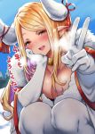  1girl bangs blonde_hair blush breasts choker cleavage dark_skin draph elbow_gloves fur_trim gloves granblue_fantasy horns kuvira_(granblue_fantasy) large_breasts long_hair looking_at_viewer mushi024 open_mouth outdoors parted_bangs pointy_ears snow solo squatting thigh-highs translated v white_gloves white_legwear yellow_eyes 