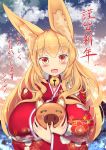  1girl absurdres animal_ears bell bell_collar between_breasts blonde_hair blush boar breasts chinese_zodiac collar fox_ears happy_new_year highres huge_breasts japanese_clothes kimono long_hair looking_at_viewer new_year open_mouth orange_eyes original shinoshinosp smile solo translated year_of_the_pig 