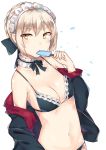  1girl absurdres artoria_pendragon_(all) bangs bare_shoulders bikini bikini_under_clothes black_bikini breasts breasts_apart carnival_phantasm character_request collarbone commentary_request dot_nose edgy emiya-san_chi_no_kyou_no_gohan expressionless fate/grand_order fate/hollow_ataraxia fate_(series) frilled_bikini frills hand_up highres holding light_blush long_sleeves looking_at_viewer maid maid_headdress navel open_clothes platinum_blonde_hair ribbon-trimmed_bikini ribs saber saber_alter shiny shiny_hair short_hair simple_background small_breasts solo swimsuit tsurime upper_body very_short_hair white_background white_frills yellow_eyes yoruran 