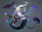  1girl blue_eyes bone cow_skull expressionless facial_mark forehead_mark ghost_tail grey_background highres monster_girl open_mouth original purple_hair rony short_hair simple_background skull solo teeth wings 