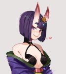  1girl bangs bare_shoulders blunt_bangs bob_cut breasts eyeliner fang fate/grand_order fate_(series) grey_background headpiece heart horns japanese_clothes kimono looking_at_viewer makeup off_shoulder oni oni_horns open_clothes open_kimono purple_hair purple_kimono revealing_clothes short_hair shuten_douji_(fate/grand_order) signature simple_background small_breasts smile solo upper_body violet_eyes zambiie 