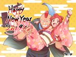  1boy 1girl 2019 :d bead_bracelet beads big_mouth bracelet carrying commentary_request copyright_request cowboy_shot earrings floral_print grin hand_on_another&#039;s_shoulder happy_new_year japanese_clothes jewelry kimono long_hair long_sleeves looking_at_viewer new_year no_eyebrows obi open_mouth outstretched_arm pattern_request patterned_background pink_kimono princess_carry print_kimono raised_fist red_eyes redhead sanpaku sash shoe_soles sidelocks smile standing teeth upper_teeth wide_sleeves yellow_background 
