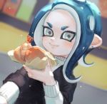  1girl act_(a_moso) blue_hair blurry blurry_background closed_mouth dutch_angle earrings food grey_eyes hand_up holding holding_food jewelry long_hair long_sleeves octarian octoling smile solo splatoon splatoon_(series) splatoon_2 suction_cups tempura tentacle_hair upper_body 