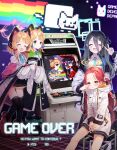  4girls absurdres ansan_ey arisu_(blue_archive) blonde_hair blue_archive blush cat_ear_headphones cheek_pinching closed_eyes commentary english_text game_console hair_between_eyes hair_ornament hair_ribbon headphones highres huge_filesize jacket long_hair looking_at_viewer midori_(blue_archive) momoi_(blue_archive) multiple_girls nyan_cat pinching redhead ribbon short_hair siblings sidelocks smile thigh-highs twins twintails v very_long_hair violet_eyes yuzu_(blue_archive) 