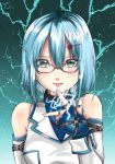  1girl aqua_eyes aqua_hair bangs bare_shoulders commentary_request dead_or_alive dead_or_alive_6 electricity fingerless_gloves fingernails forestss glasses gloves hair_ornament hairclip hand_up highres looking_at_viewer nico_(doa) short_hair smile solo upper_body 