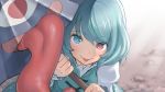  1girl bangs blue_hair close-up closed_mouth heterochromia highres holding holding_umbrella kawayabug long_sleeves looking_at_viewer short_hair sol tatara_kogasa tongue tongue_out touhou umbrella upper_body 