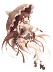  1girl :d animal ass bangs bare_shoulders bird breasts brown_hair cleavage detached_sleeves dress eyebrows_visible_through_hair food_fantasy full_body green_eyes hairband high_heels highres large_breasts limeblock long_hair navel open_mouth see-through simple_background smile solo thigh-highs umbrella very_long_hair white_background white_legwear 