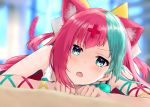  1girl animal_ears aqua_eyes aqua_hair blush cat_ears cat_tail commentary_request fang hair_ornament haru_(re_ilust) highres kemonomimi_mode looking_at_viewer lying multicolored_hair on_stomach open_mouth pink_hair pinky_pop_hepburn pinky_pop_hepburn_official solo tail two-tone_hair virtual_youtuber x_hair_ornament 