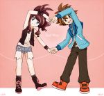  1boy 1girl :d belt black_(pokemon) black_legwear black_pants black_vest black_wristband blue_shorts blue_sweater brown_hair character_name collaboration commentary_request creatures_(company) denim denim_shorts full_body game_freak happy heart_arms long_hair long_sleeves looking_at_viewer luo-qin mei_(pixiv9154263) nintendo open_mouth pants pink_background pokemon pokemon_special ponytail shirt shoelaces shoes short_shorts shorts sidelocks simple_background sleeveless sleeveless_shirt smile socks spiky_hair standing sweater tied_hair vest white_(pokemon) white_shirt wristband 