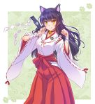  1girl animal_ears bell black_hair blake_belladonna cat_ears choker highres iesupa japanese_clothes long_hair miko rwby shide solo wide_sleeves yellow_eyes 