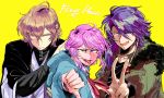  3boys amemura_ramuda arisugawa_dice blue_eyes blue_hair brown_hair eyelashes fang fur_trim hypnosis_mic jacket japanese_clothes long_sleeves looking_at_viewer male_focus multiple_boys pink_hair shakata_(syakatan) sidelocks simple_background smile thumbs_down tongue tongue_out v yellow_background yumeno_gentarou 