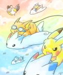  black_eyes blue_sky brown_eyes celine_(spleen) clouds cloudy_sky collaboration commentary crayonchewer creature creatures_(company) day emolga flying game_freak gen_1_pokemon gen_2_pokemon gen_4_pokemon gen_5_pokemon goggles multicolored multicolored_sky nintendo no_humans outdoors pichu pikachu pokemon pokemon_(creature) raichu riding riding_pokemon sky togekiss twilight 