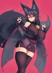  1girl absurdres animal_ear_fluff animal_ears bare_shoulders black_gloves black_hair black_legwear blue_eyes breasts detached_sleeves ear_piercing eyebrows_visible_through_hair fingerless_gloves food fox_ears fox_girl fox_shadow_puppet fox_tail fruit gloves hair_between_eyes hair_ornament hairclip highres huge_breasts japanese_clothes kiri_(sub-res) long_hair one_eye_closed orange original piercing shiny shiny_skin skindentation smile solo sub-res tail thigh-highs zettai_ryouiki 