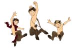  3boys animal_ears bow_(weapon) brown_hair folder_(69loremipsum) grin highres horns light_brown_hair looking_at_viewer monster_boy multiple_boys navel nipples nude open_mouth original satyr scarf smile tail weapon 