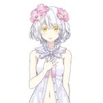  1girl bare_shoulders blush collar eyebrows_visible_through_hair flower hair_flower hair_ornament hand_on_own_chest kudou_chitose lowres midriff navel nijisanji official_art open_clothes open_mouth ribbon smile solo standing tachi-e upper_body virtual_youtuber white_hair yellow_eyes 