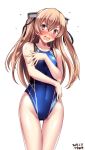  1girl bangs blue_swimsuit blush breasts collarbone commentary_request competition_swimsuit covering covering_breasts embarrassed eyebrows_visible_through_hair gluteal_fold hair_between_eyes hair_ornament hair_ribbon hand_on_hip headgear highleg highres johnston_(kantai_collection) kantai_collection light_brown_hair long_hair looking_at_viewer navel one-piece_swimsuit open_mouth red_eyes ribbon simple_background small_breasts solo standing sweat sweatdrop swimsuit tsuchimiya twintails white_background 