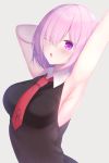  1girl ;o arched_back arm_behind_head armpits arms_up bangs bare_arms bare_shoulders black_shirt blush breasts collared_shirt commentary_request fate/grand_order fate_(series) firepo grey_background hair_between_eyes hair_over_one_eye highres looking_at_viewer mash_kyrielight medium_breasts necktie one_eye_closed outstretched_arm parted_lips purple_hair red_neckwear shirt short_hair simple_background sleeveless sleeveless_shirt solo upper_body violet_eyes 