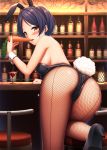  1girl animal_ears ass back bangs bar bare_shoulders black_footwear black_hair black_leotard blush bottle breasts bunny_girl bunny_tail bunnysuit cocktail_glass commentary_request cup detached_collar drinking_glass earrings fake_animal_ears fishnet_pantyhose fishnets hayami_kanade high_heels highres idolmaster idolmaster_cinderella_girls indoors jewelry large_breasts leotard lips looking_at_viewer looking_back nail_polish nazu-na pantyhose parted_bangs parted_lips pink_nails rabbit_ears short_hair smile solo strapless strapless_leotard tail wrist_cuffs yellow_eyes 