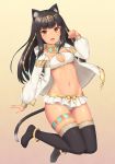  1girl :d animal_ear_fluff animal_ears ankh anklet bangs bastet bikini bikini_skirt black_hair black_legwear blunt_bangs blush bow breasts cat_ears cat_tail circlet cleavage clenched_hand commentary_request dark_skin egyptian egyptian_clothes egyptian_mythology eye_of_horus eyebrows_visible_through_hair full_body groin hand_up highres jacket jewelry legs_up long_hair long_sleeves looking_at_viewer navel no_shoes open_clothes open_jacket open_mouth orange_eyes original paw_pose puffy_sleeves sasaame sidelocks simple_background small_breasts smile solo stomach swimsuit tail thigh-highs thigh_strap thighs white_bikini white_jacket yellow_bow 