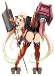  1girl ass blonde_hair elbow_gloves full_body gloves holding holding_weapon hydraulic_breaker_(ole_tower) leaning_forward long_hair looking_at_viewer looking_back official_art ole_tower orange_gloves orange_legwear solo standing thigh-highs transparent_background twintails very_long_hair weapon 