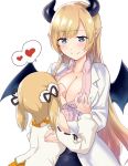  2girls animal_ears animare black_ribbon blonde_hair blush breast_grab breasts brown_hair cleavage demon_girl demon_horns demon_wings detached_sleeves grabbing green_eyes hair_ribbon hanerilove head_on_chest highres hololive horns inaba_haneru_(animare) labcoat large_breasts long_hair long_sleeves looking_at_another multiple_girls open_mouth pink_shirt pointy_ears polka_dot rabbit_ears ribbon saliva shirt smile succubus virtual_youtuber white_background wings yuri yuzuki_choco 