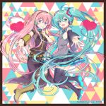  2girls :d aqua_eyes aqua_hair bare_shoulders belt blue_eyes breasts cross-laced_footwear finger_to_mouth hair_ornament hatsune_miku headphones heart highres legs_up light_blush long_hair looking_at_viewer medium_breasts megurine_luka midair multiple_girls open_mouth outstretced_arm pink_hair reaching_out shoulder_tattoo sideboob skirt small_breasts smile tattoo thigh-highs twintails very_long_hair vocaloid wogura 