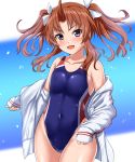  1girl blush breasts brown_hair competition_swimsuit eyebrows_visible_through_hair hair_ribbon highres jacket kagerou_(kantai_collection) kantai_collection long_hair looking_at_viewer navel one-piece_swimsuit open_mouth ribbon small_breasts solo sportswear swimsuit twintails violet_eyes water_drop zanntetu 