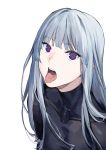  1girl absurdres bangs blunt_bangs bodysuit character_request commentary copyright_request duoyuanjun english_commentary eyebrows_visible_through_hair highres long_hair looking_at_viewer mechanical_eye open_mouth original silver_hair skin_tight tongue tongue_out violet_eyes 