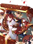  &gt;_&lt; 1girl animal apron benienma_(fate/grand_order) bird blush brown_eyes brown_hair brown_hat brown_kimono closed_eyes closed_mouth commentary_request confetti facing_viewer fate/grand_order fate_(series) fur_trim gurifu hat highres japanese_clothes kimono long_hair long_sleeves looking_at_viewer low_ponytail mouth_hold plaid ponytail rice sleeves_past_wrists smile solo spoon very_long_hair white_apron white_background wide_sleeves wooden_spoon 