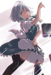  1girl apron arm_up bangs between_fingers black_gloves black_legwear blue_eyes bow braid gloves hair_between_eyes hair_bow highres holding holding_knife holding_weapon izayoi_sakuya kawayabug knife maid maid_headdress parted_lips short_sleeves silver_hair solo thigh-highs touhou twin_braids waist_apron weapon white_apron 