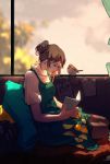  1girl bird blue_eyes book brown_hair clouds commentary_request cushion dress green_dress hair_bun hair_up highres holding holding_book original paper photo_(object) pillow pin reading redum4 shirt short_sleeves sitting sky white_shirt window 