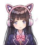  1girl 5ya :&lt; bangs blue_eyes blunt_bangs blush bow bowtie brown_hair cat_ear_headphones closed_mouth collared_shirt eyebrows_visible_through_hair hair_ornament hairclip headphones highres jacket looking_at_viewer musical_note nijisanji pink_neckwear purple_jacket shirt simple_background solo tsukino_mito upper_body vest virtual_youtuber white_background white_shirt wing_collar 