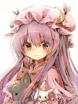  1girl :&gt; animal capelet cat crescent crescent_hair_ornament double_bun eyebrows_visible_through_hair hair_between_eyes hair_ornament hat holding holding_animal holding_cat long_hair looking_at_viewer mob_cap neck_ribbon patchouli_knowledge pink_capelet pudding_(skymint_028) purple_hair rabbit ribbon shiny shiny_hair simple_background smile solo touhou traditional_media upper_body very_long_hair violet_eyes white_background 