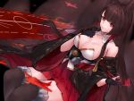  1girl akagi_(azur_lane) animal_ears azur_lane bangs bare_shoulders black_kimono blunt_bangs breasts brown_hair cleavage closed_mouth commentary detached_collar dutch_angle english_commentary eyebrows_visible_through_hair finger_to_chin fox_ears fox_girl gloves hakama_skirt highres japanese_clothes kimono kitsune large_breasts neonbeat off_shoulder orange_eyes partly_fingerless_gloves red_skirt sitting skirt smile thigh-highs thighs wide_sleeves 