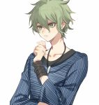 1boy amami_rantarou arm_up black_neckwear blue_shirt collarbone commentary_request dangan_ronpa ear_piercing green_eyes green_hair hair_between_eyes heke jewelry loose_clothes lowres male_focus messy_hair necklace new_dangan_ronpa_v3 out_of_frame piercing shirt short_hair simple_background solo striped striped_shirt teeth upper_body white_background 