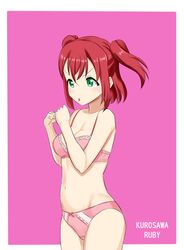  1girl bangs bow bow_panties bra breasts character_name chestnut_mouth cleavage clenched_hands cowboy_shot crotch_seam frown green_eyes kuro_ikusanin kurosawa_ruby lace lace-trimmed_bra looking_at_viewer love_live! love_live!_sunshine!! medium_breasts open_mouth outside_border panties pink_background pink_bra pink_panties redhead short_hair solo standing two_side_up underwear underwear_only v-shaped_eyebrows 