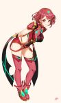  1girl ankle_boots arms_behind_back bangs black_gloves blush boots breasts closed_mouth commentary covered_navel earrings fingerless_gloves full_body gem gloves glowing hairband highres pyra_(xenoblade) jewelry justin_leyva_(steamy_tomato) large_breasts leaning_forward looking_at_viewer pink_background red_eyes red_footwear red_legwear red_shorts redhead short_hair short_shorts short_sleeves shorts shoulder_armor signature simple_background skindentation smile solo spaulders standing swept_bangs thigh-highs xenoblade_(series) xenoblade_2 