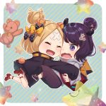  2girls :d ^_^ abigail_williams_(fate/grand_order) animal_ears bangs bear_ears bear_girl bear_tail black_bow black_jacket blonde_hair blush bow brown_pants closed_eyes closed_eyes commentary_request crossed_bandaids fate/grand_order fate_(series) grey_hoodie hair_bow hair_bun heroic_spirit_traveling_outfit high_heels highres hood hood_down hoodie jacket katsushika_hokusai_(fate/grand_order) kemonomimi_mode kurono_kito long_hair long_sleeves multiple_girls open_mouth orange_bow outstretched_arms pants parted_bangs polka_dot polka_dot_bow red_footwear revision saint_quartz shoes sleeves_past_fingers sleeves_past_wrists smile stuffed_animal stuffed_toy tail teddy_bear violet_eyes 