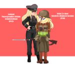  2girls alternate_costume backpack bag bismarck_(kantai_collection) black_coat black_pants blonde_hair blue_eyes blue_hair boots border cigarette commandant_teste_(kantai_collection) commentary_request french_army gun hat helmet highres holding holding_cigarette kantai_collection long_hair military military_hat military_uniform multicolored multicolored_hair multiple_girls nb_(pixiv594732) pants peaked_cap pink_background redhead rifle streaked_hair title trench_coat uniform weapon wehrmacht white_border white_hair 