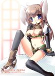  1girl animal_ears ballpoint_pen_(medium) black_legwear blue_eyes boots breasts brown_hair copyright_name hunter_(ragnarok_online) large_breasts long_hair navel rabbit_ears ragnarok_online shy solo traditional_media yoroi_nau 