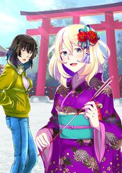  2girls andou_(girls_und_panzer) architecture arrow bangs bell black_hair blonde_hair blue_eyes blue_pants blurry blurry_background brown_eyes building casual clouds cloudy_sky commentary dark_skin day denim east_asian_architecture floral_print flower formal from_side girls_und_panzer hair_flower hair_ornament hands_in_pockets highres holding_arrow jacket japanese_clothes jeans kimono long_sleeves looking_at_another looking_at_viewer medium_hair messy_hair multiple_girls new_year obi open_mouth oshida_(girls_und_panzer) outdoors pants print_kimono purple_kimono purple_shirt ranka_(yachou_no_kai) sash shirt sky smile standing sunlight torii tree unzipped wide_sleeves yellow_jacket 