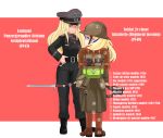  2girls alternate_costume backpack bag bismarck_(kantai_collection) black_coat black_pants blonde_hair blue_eyes blue_hair boots border cigarette commandant_teste_(kantai_collection) commentary_request french_army gun hat helmet highres holding holding_cigarette kantai_collection long_hair military military_hat military_uniform multicolored multicolored_hair multiple_girls nb_(pixiv594732) pants peaked_cap pink_background redhead rifle streaked_hair title trench_coat uniform weapon wehrmacht white_border white_hair 