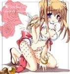  1girl ballpoint_pen_(medium) blonde_hair blue_eyes breasts copyright_name feathered_wings flower kneeling long_hair medium_breasts midriff navel ragnarok_online rose smile solo traditional_media twintails wanderer white_background wings yoroi_nau 