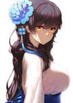  1girl bangs blue_flower breasts brown_eyes brown_hair closed_mouth commentary_request eyebrows_visible_through_hair flower girls_frontline greem_bang hair_between_eyes hair_flower hair_ornament highres japanese_clothes kimono large_breasts long_hair looking_at_viewer looking_to_the_side obi qbz-95_(girls_frontline) sash simple_background smile solo very_long_hair white_background white_kimono 