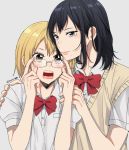  2girls :d black_hair blonde_hair blue_eyes blush bow brown_eyes eyewear_switch glasses haikyuu!! hand_on_another&#039;s_shoulder highres kwonrugger medium_hair mole mole_under_mouth multiple_girls open_mouth red_bow shimizu_kiyoko shirt short_hair smile sweater_vest twitter_username upper_body white_shirt yachi_hitoka 