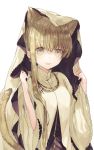  1girl :d animal_ears bangs blonde_hair breasts cat_ears cat_tail dress eyebrows_visible_through_hair hair_between_eyes hands_up jewelry kazutake_hazano lace_trim long_hair looking_at_viewer medium_breasts necklace open_mouth shiro_seijo_to_kuro_bokushi sidelocks simple_background smile solo tail upper_body veil white_background white_dress wide_sleeves yellow_eyes 